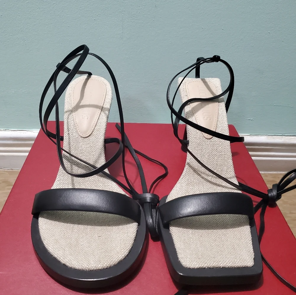 NEW JACQUEMUS Les Carre Rond Black Leather & Linen Sandals sz 38 - Picture 6 of 14